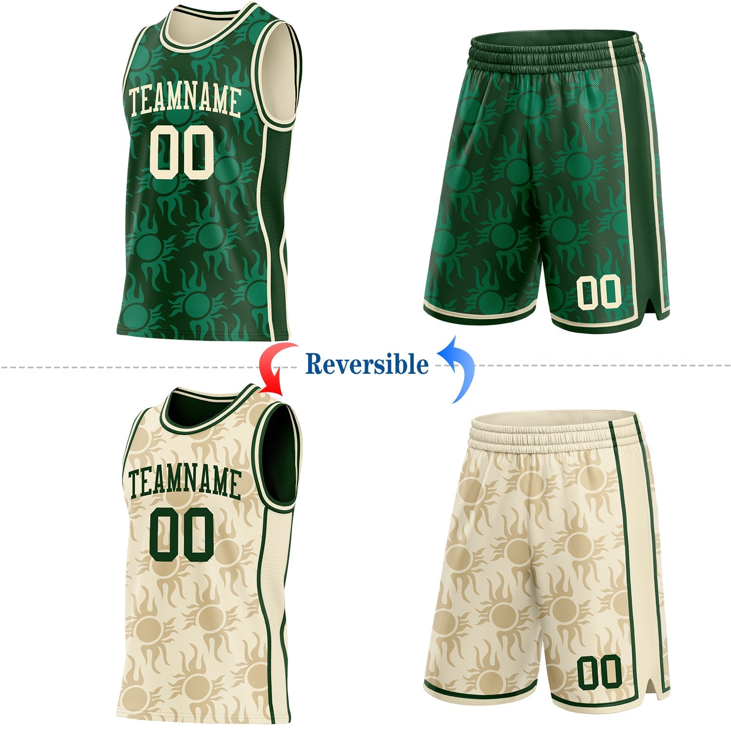 Custom Green-Cream Side Panel Stripe Sun Flame Reversible Double Side Sublimation Basketball Set Jersey view 2