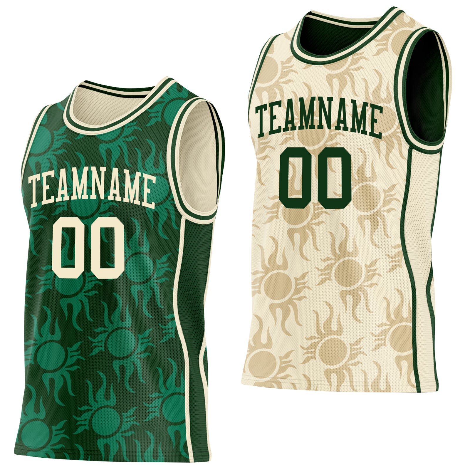 Custom Green-Cream Side Panel Stripe Sun Flame Reversible Double Side Sublimation Basketball Set Jersey - Main View