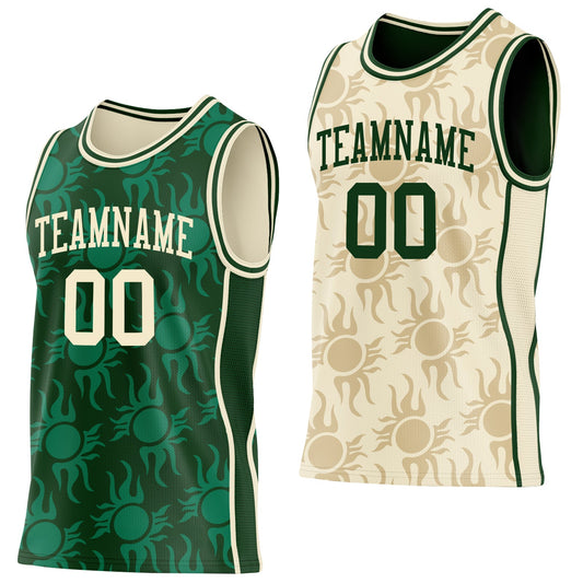 Custom Green-Cream Side Panel Stripe Sun Flame Reversible Double Side Sublimation Basketball Set Jersey - Main View