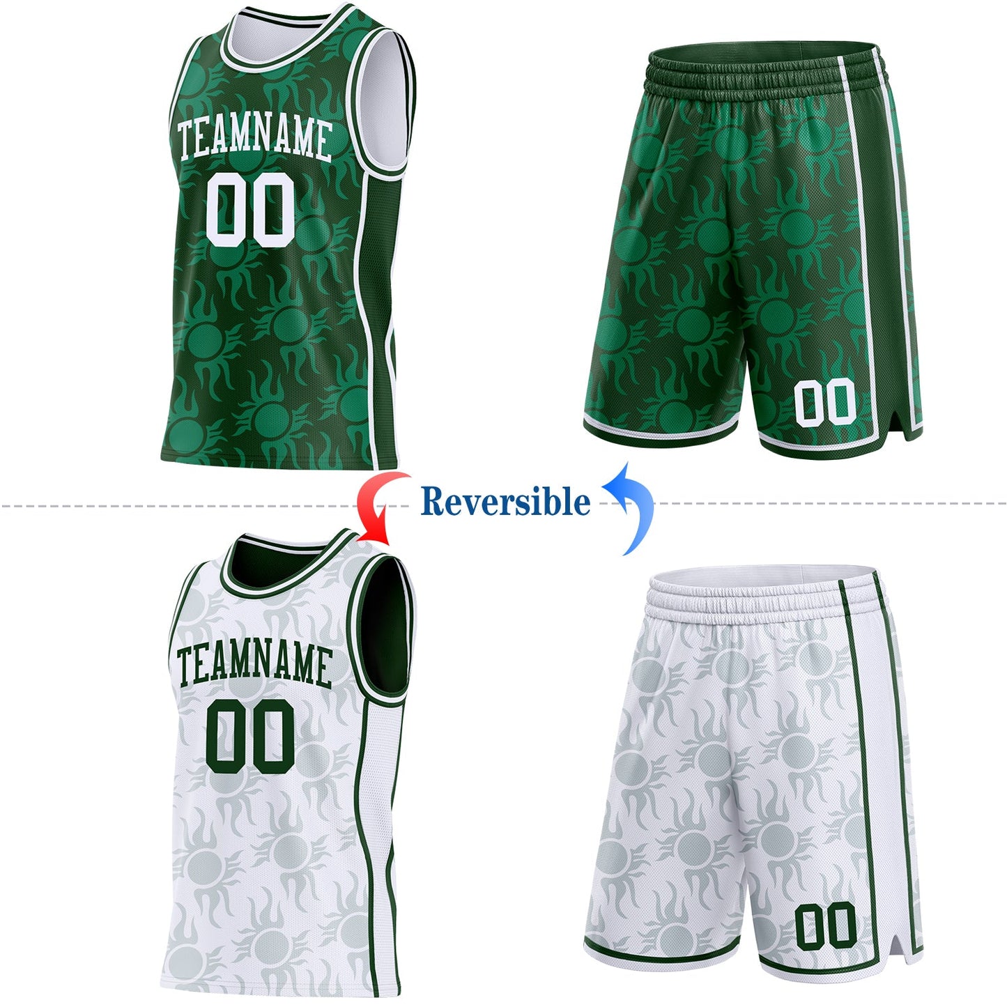 Custom Green-White Side Panel Stripe Sun Flame Reversible Double Side Sublimation Basketball Set Jersey view 2