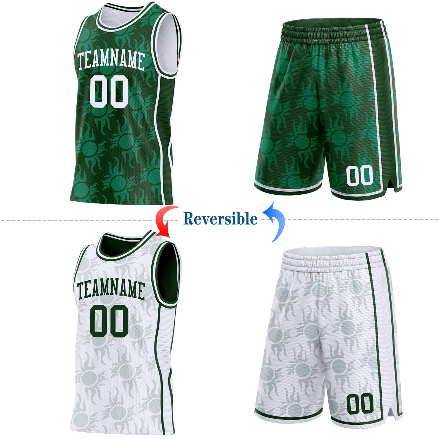 Custom Green-White Side Panel Stripe Sun Flame Reversible Double Side Sublimation Basketball Set Jersey view 2