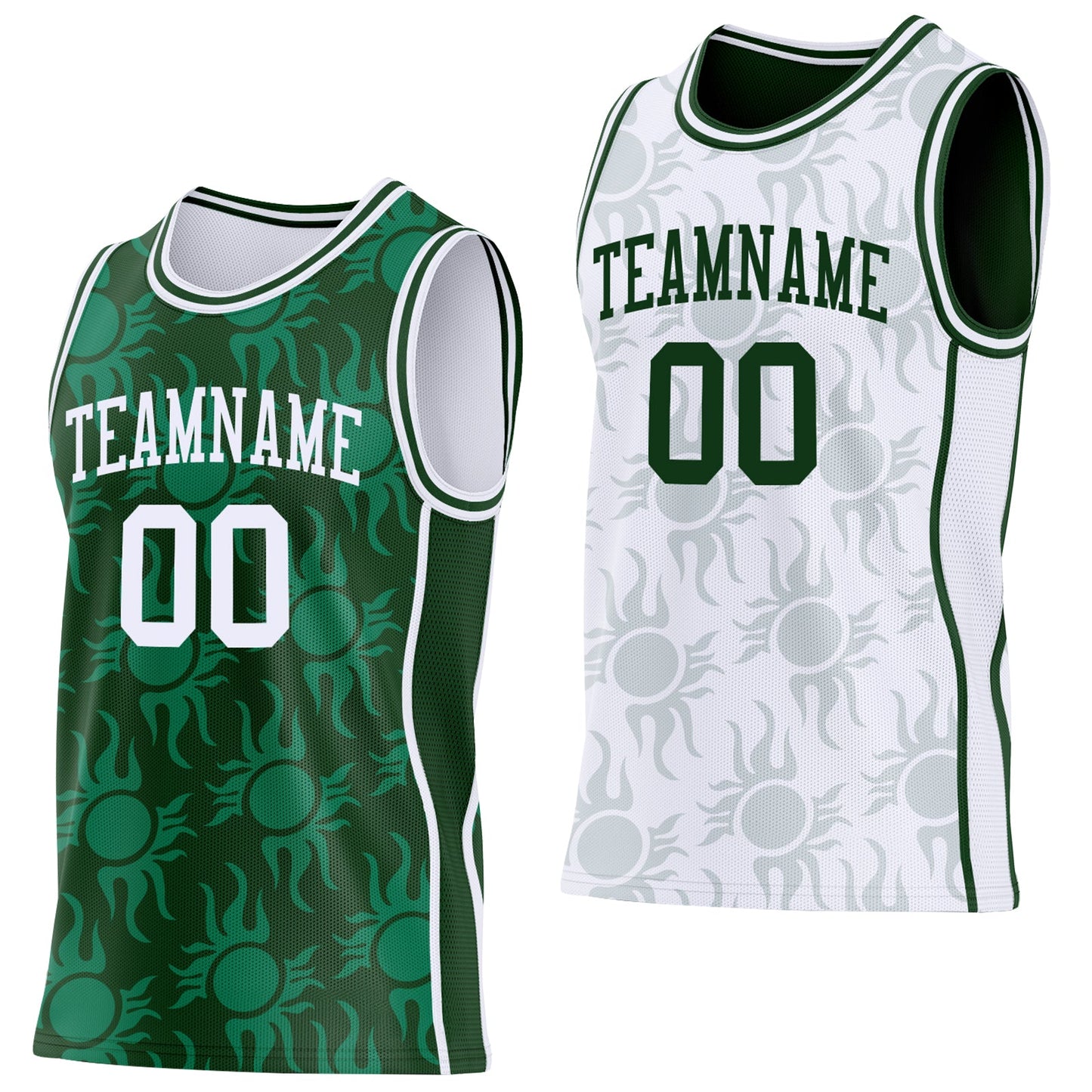 Custom Green-White Side Panel Stripe Sun Flame Reversible Double Side Sublimation Basketball Set Jersey - Main View
