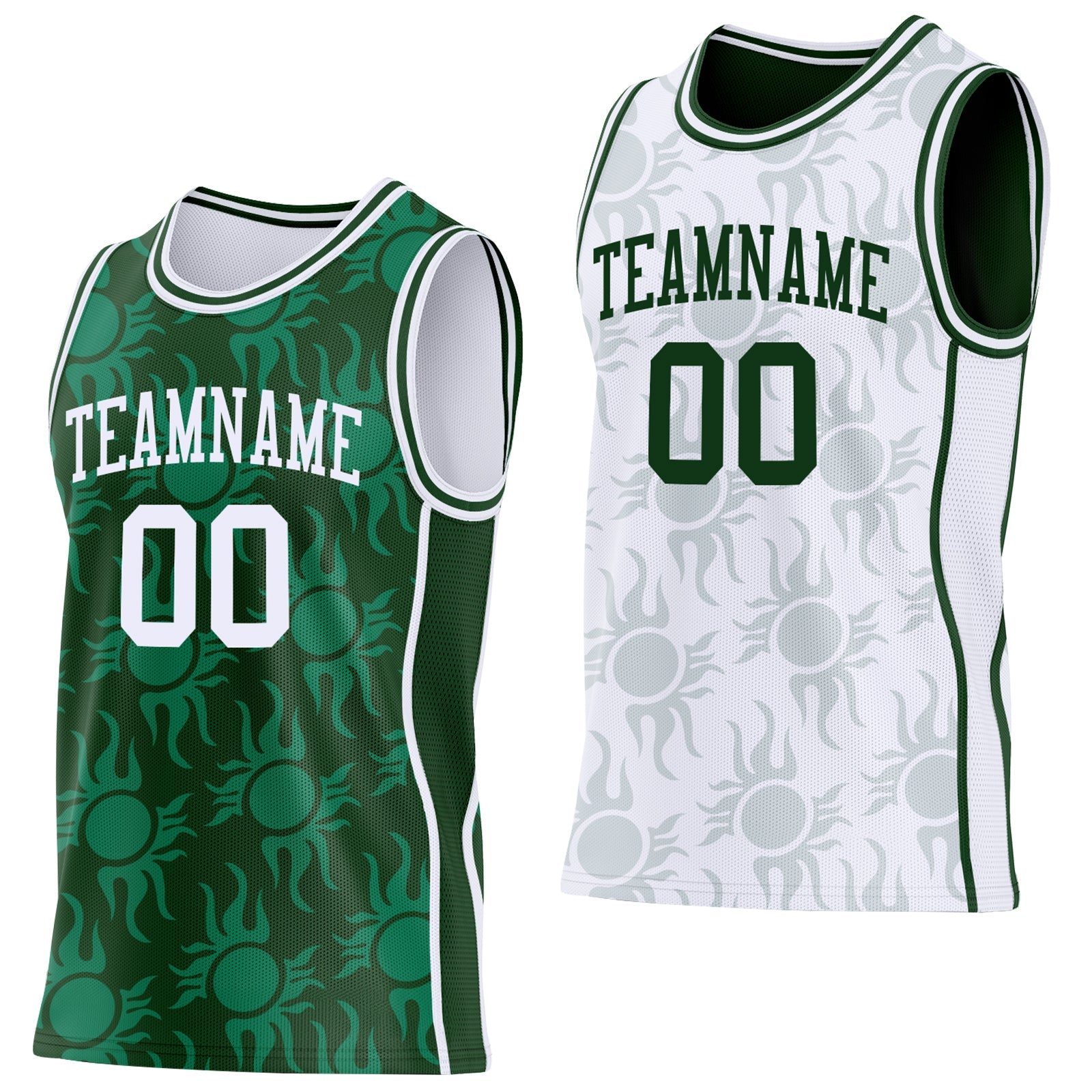 Custom Green-White Side Panel Stripe Sun Flame Reversible Double Side Sublimation Basketball Set Jersey - Main View