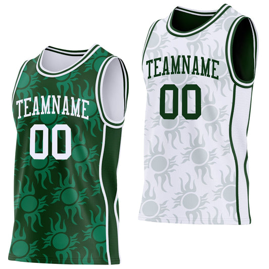 Custom Green-White Side Panel Stripe Sun Flame Reversible Double Side Sublimation Basketball Set Jersey - Main View