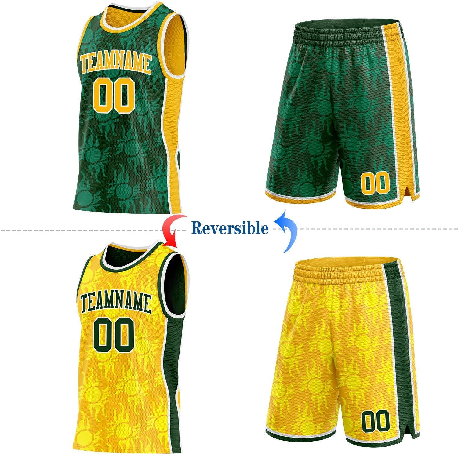 Custom Green Gold-White Side Panel Stripe Sun Flame Reversible Double Side Sublimation Basketball Set Jersey view 2