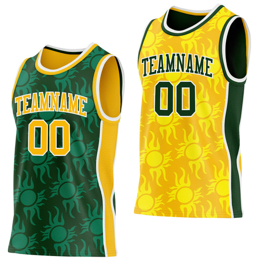 Custom Green Gold-White Side Panel Stripe Sun Flame Reversible Double Side Sublimation Basketball Set Jersey - Main View