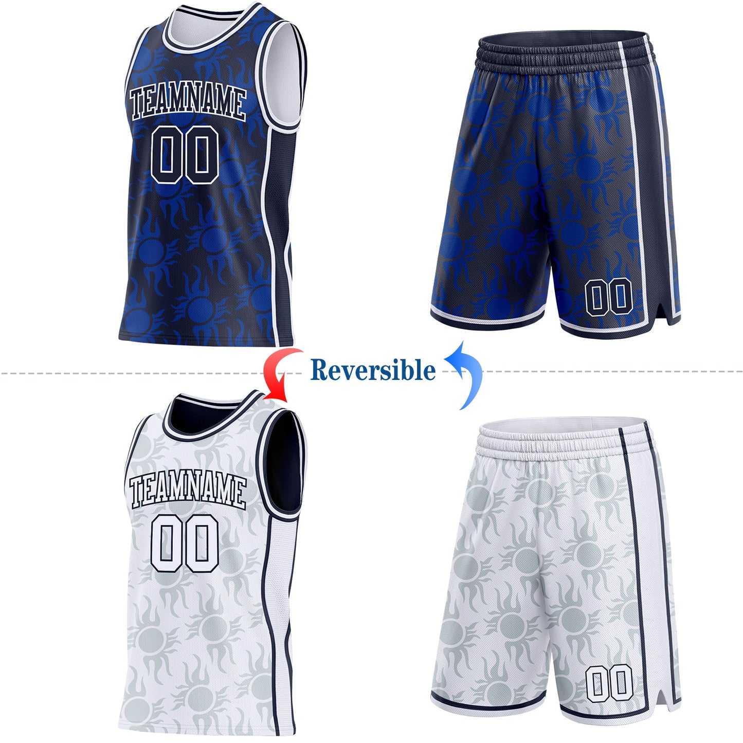Custom Navy-White Side Panel Stripe Sun Flame Reversible Double Side Sublimation Basketball Set Jersey view 2