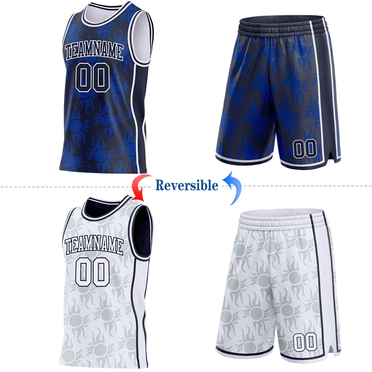 Custom Navy-White Side Panel Stripe Sun Flame Reversible Double Side Sublimation Basketball Set Jersey view 2