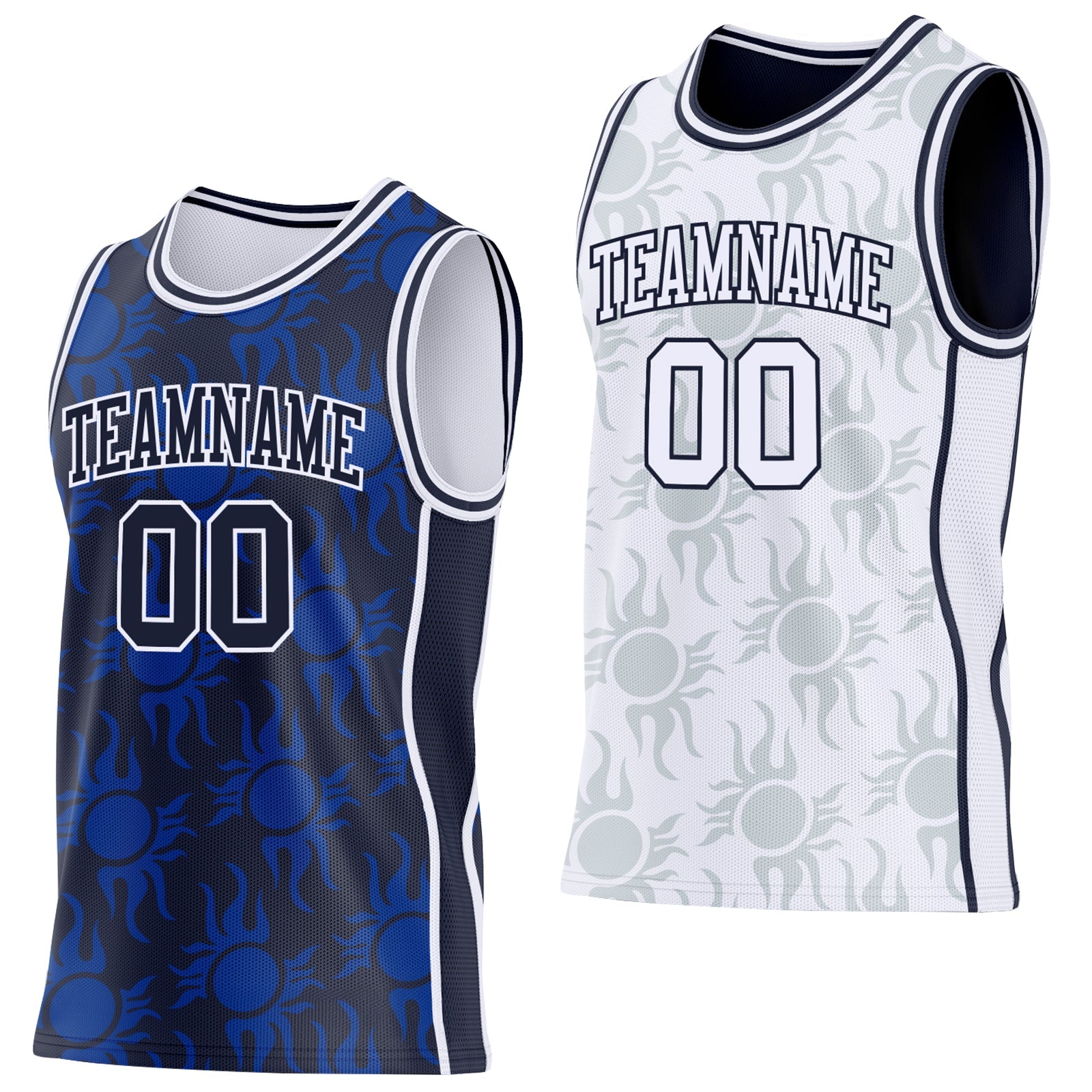 Custom Navy-White Side Panel Stripe Sun Flame Reversible Double Side Sublimation Basketball Set Jersey - Main View