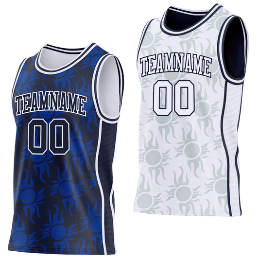 Custom Navy-White Side Panel Stripe Sun Flame Reversible Double Side Sublimation Basketball Set Jersey - Main View