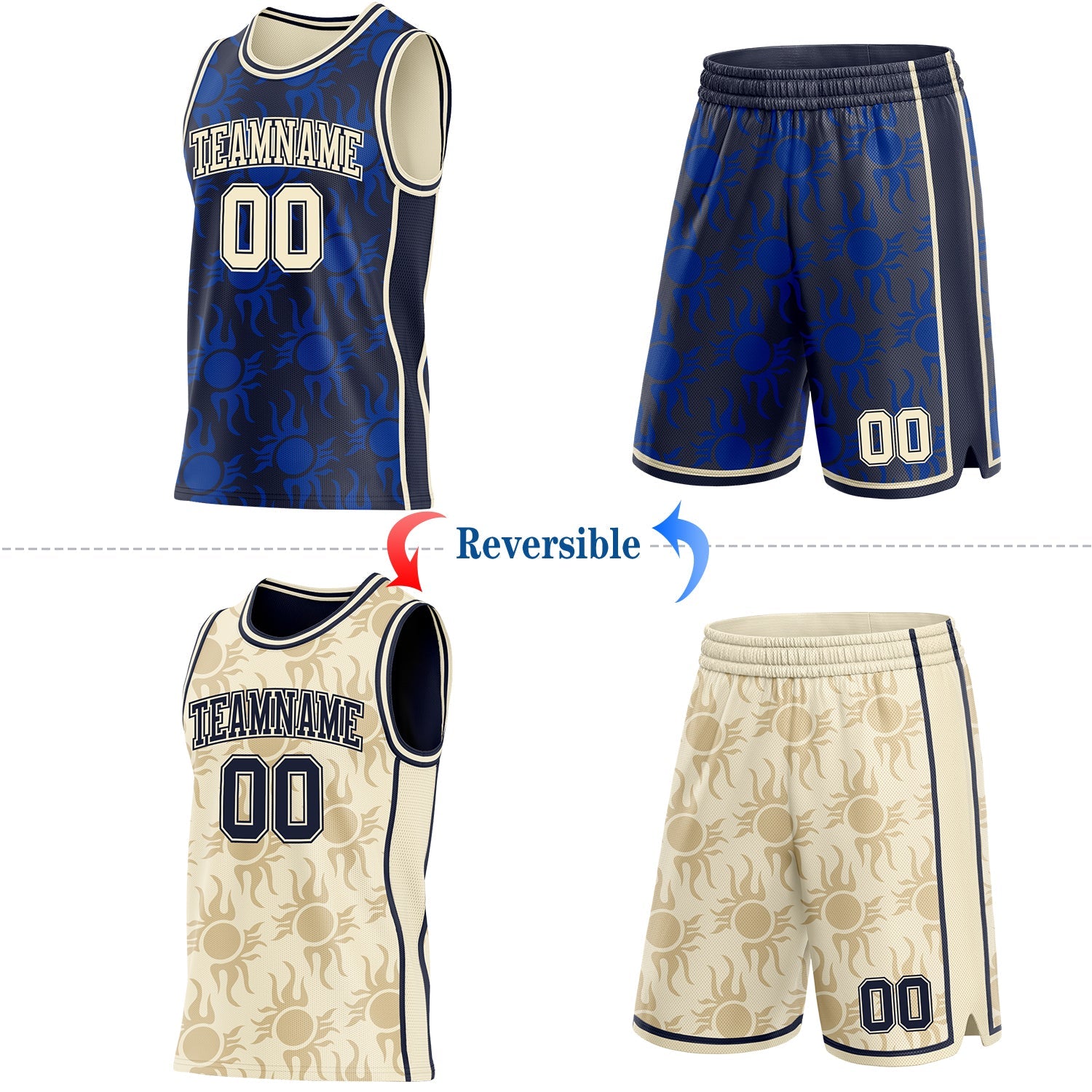 Custom Navy-Cream Side Panel Stripe Sun Flame Reversible Double Side Sublimation Basketball Set Jersey view 2