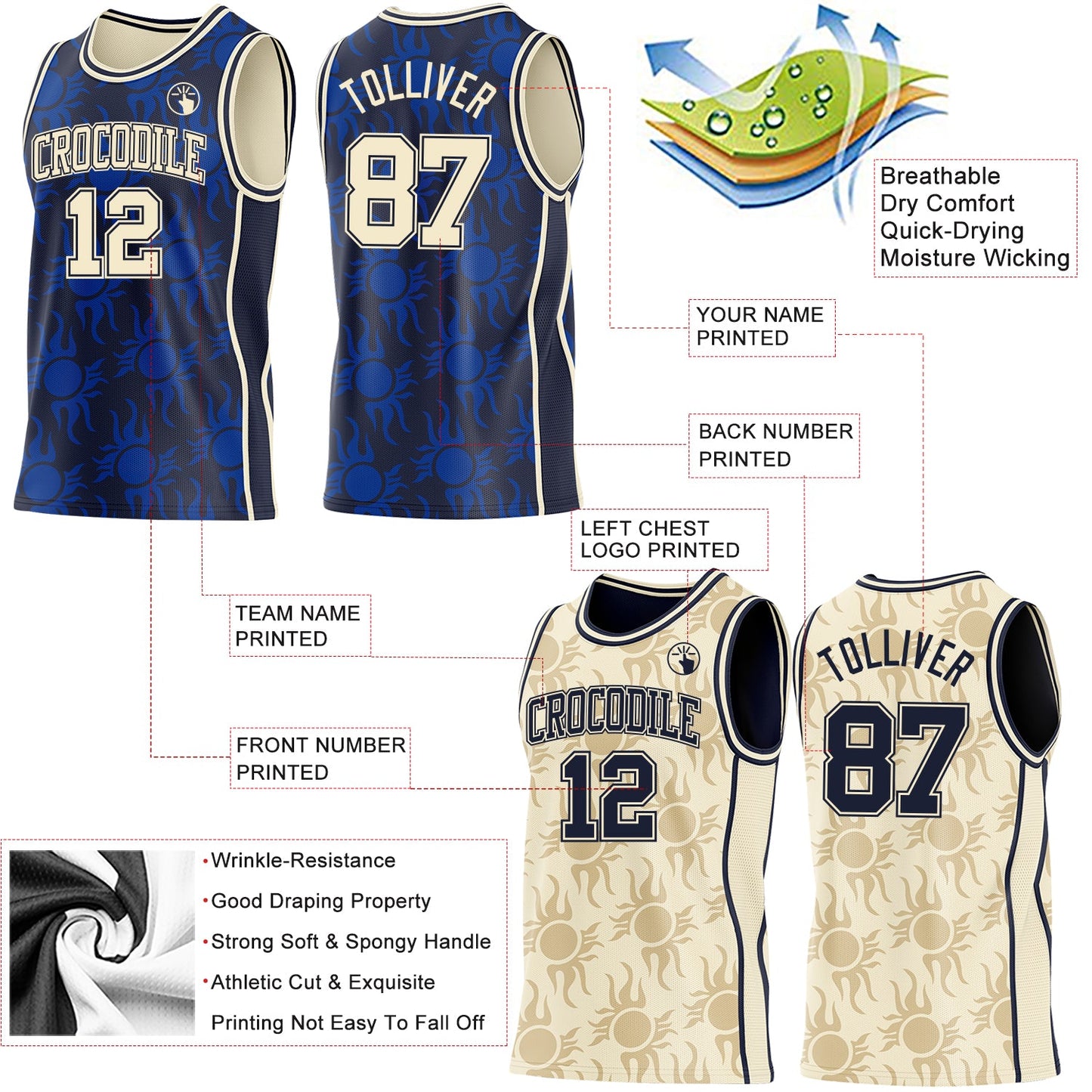Custom Navy-Cream Side Panel Stripe Sun Flame Reversible Double Side Sublimation Basketball Set Jersey view 3