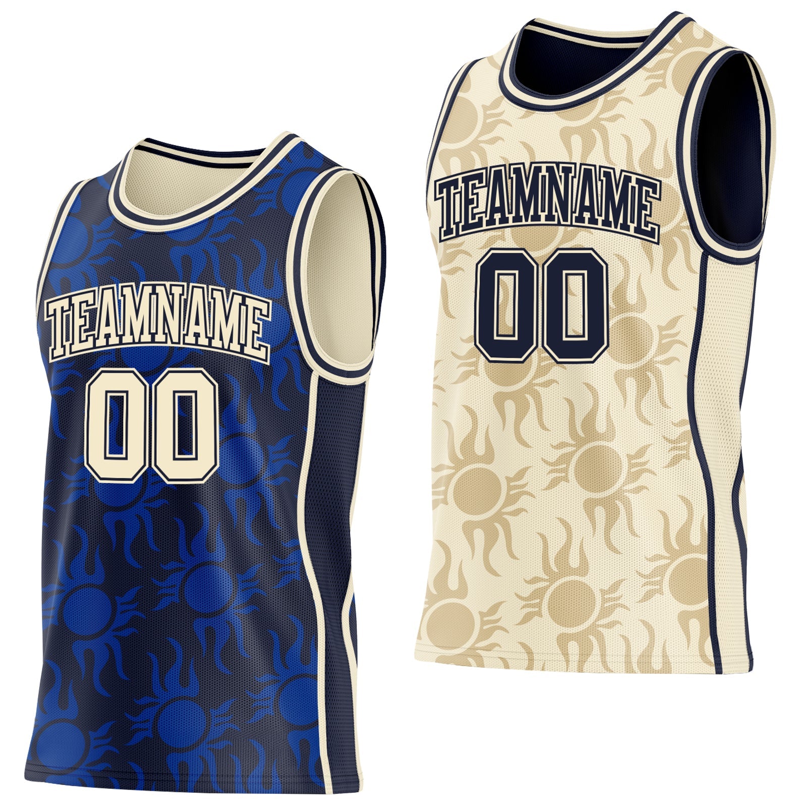 Custom Navy-Cream Side Panel Stripe Sun Flame Reversible Double Side Sublimation Basketball Set Jersey - Main View