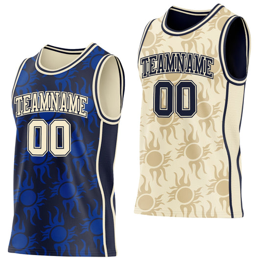 Custom Navy-Cream Side Panel Stripe Sun Flame Reversible Double Side Sublimation Basketball Set Jersey - Main View