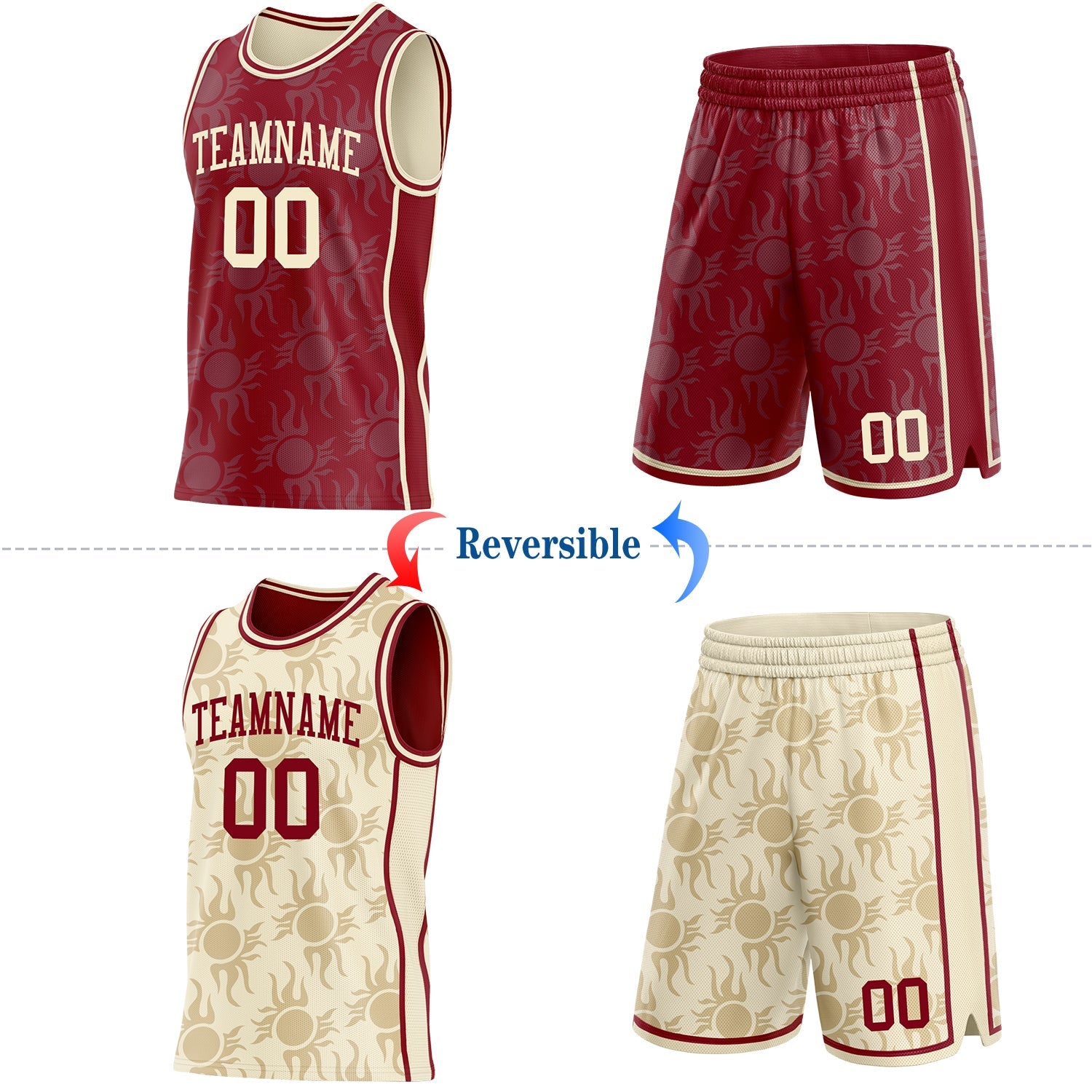 Custom Maroon-Cream Side Panel Stripe Sun Flame Reversible Double Side Sublimation Basketball Set Jersey view 2