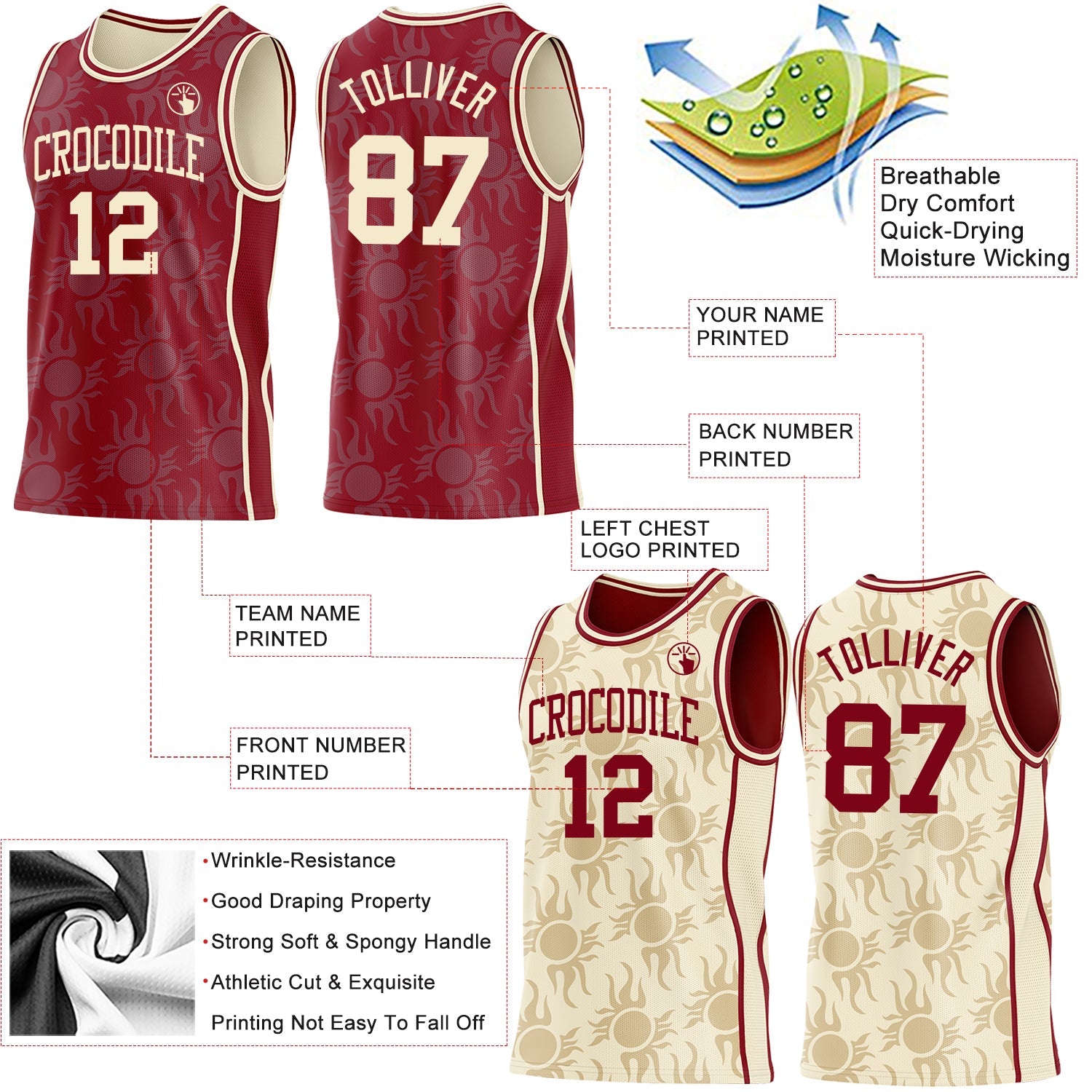 Custom Maroon-Cream Side Panel Stripe Sun Flame Reversible Double Side Sublimation Basketball Set Jersey view 3