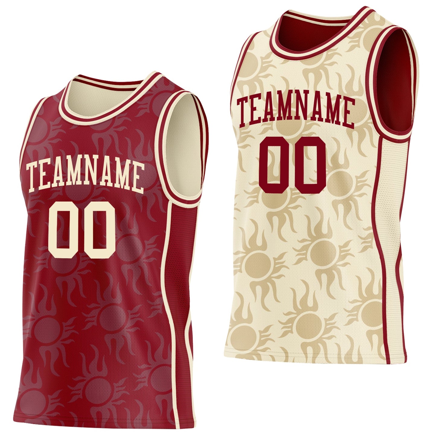 Custom Maroon-Cream Side Panel Stripe Sun Flame Reversible Double Side Sublimation Basketball Set Jersey - Main View