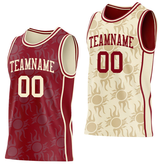 Custom Maroon-Cream Side Panel Stripe Sun Flame Reversible Double Side Sublimation Basketball Set Jersey - Main View
