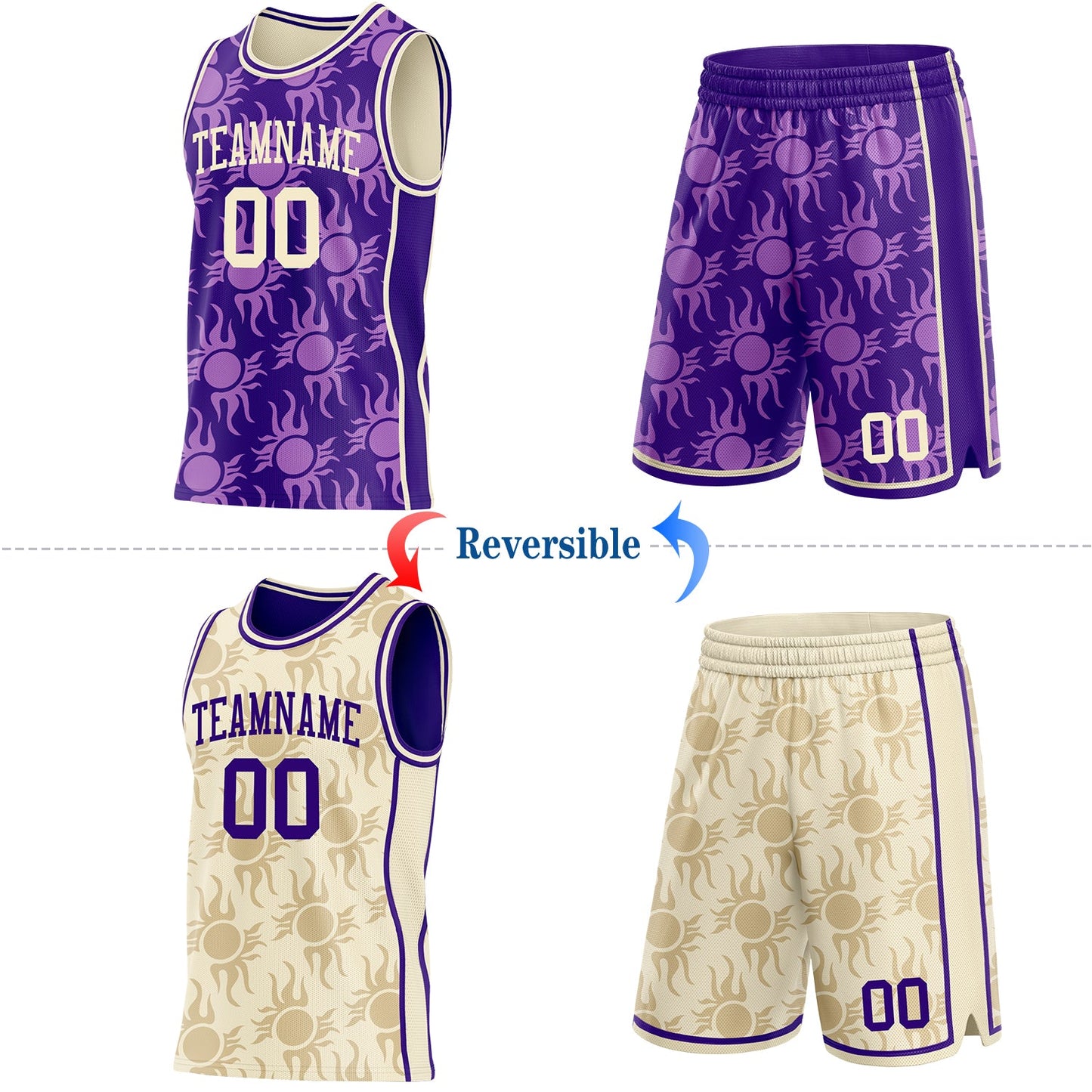 Custom Purple-Cream Side Panel Stripe Sun Flame Reversible Double Side Sublimation Basketball Set Jersey view 2