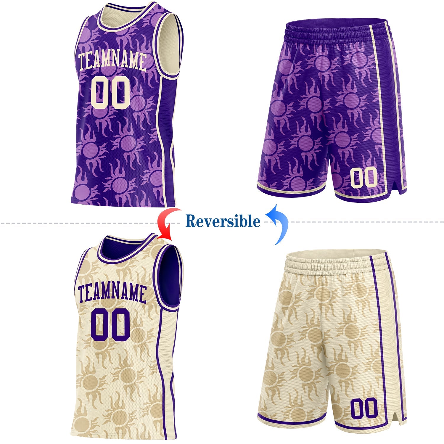 Custom Purple-Cream Side Panel Stripe Sun Flame Reversible Double Side Sublimation Basketball Set Jersey view 2