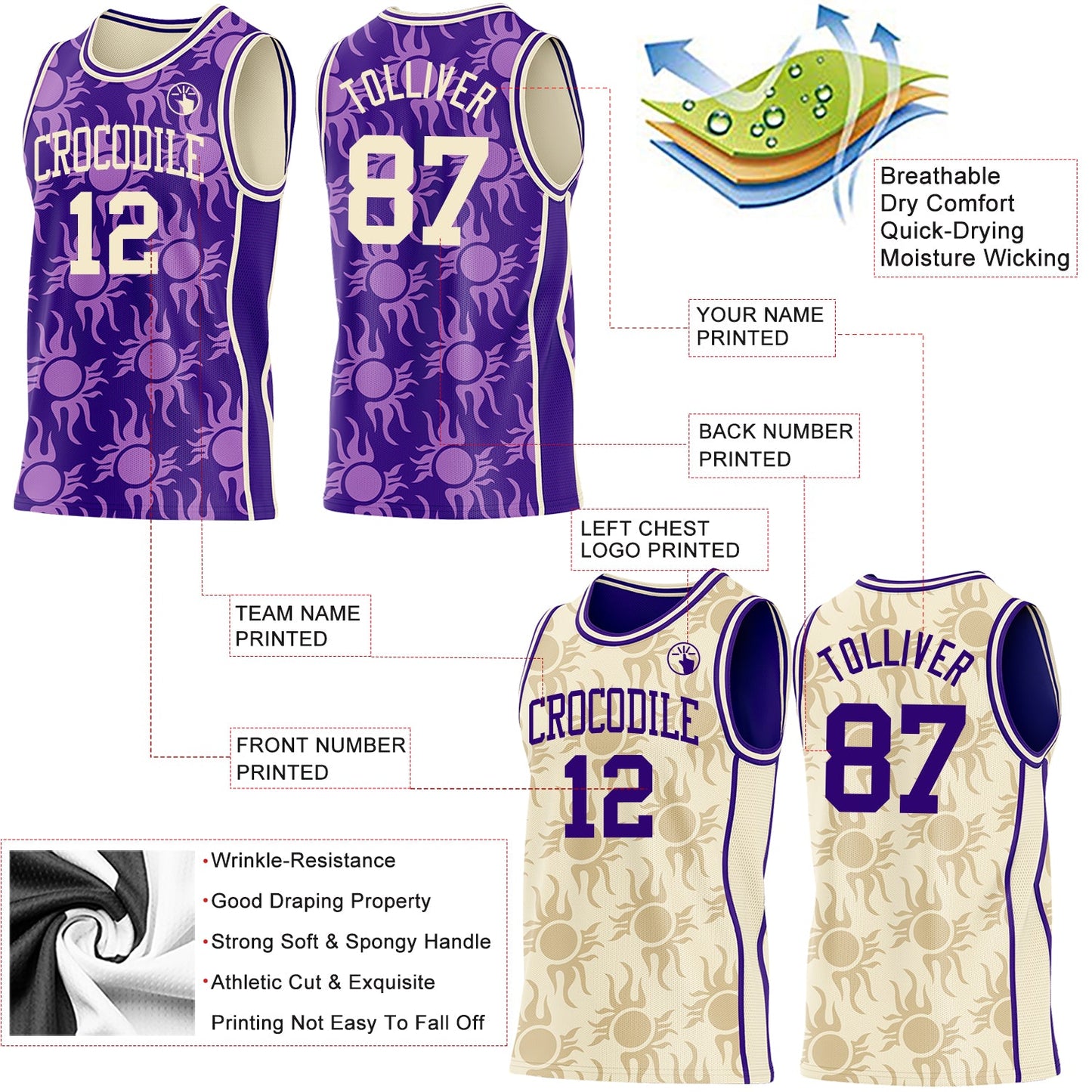 Custom Purple-Cream Side Panel Stripe Sun Flame Reversible Double Side Sublimation Basketball Set Jersey view 3