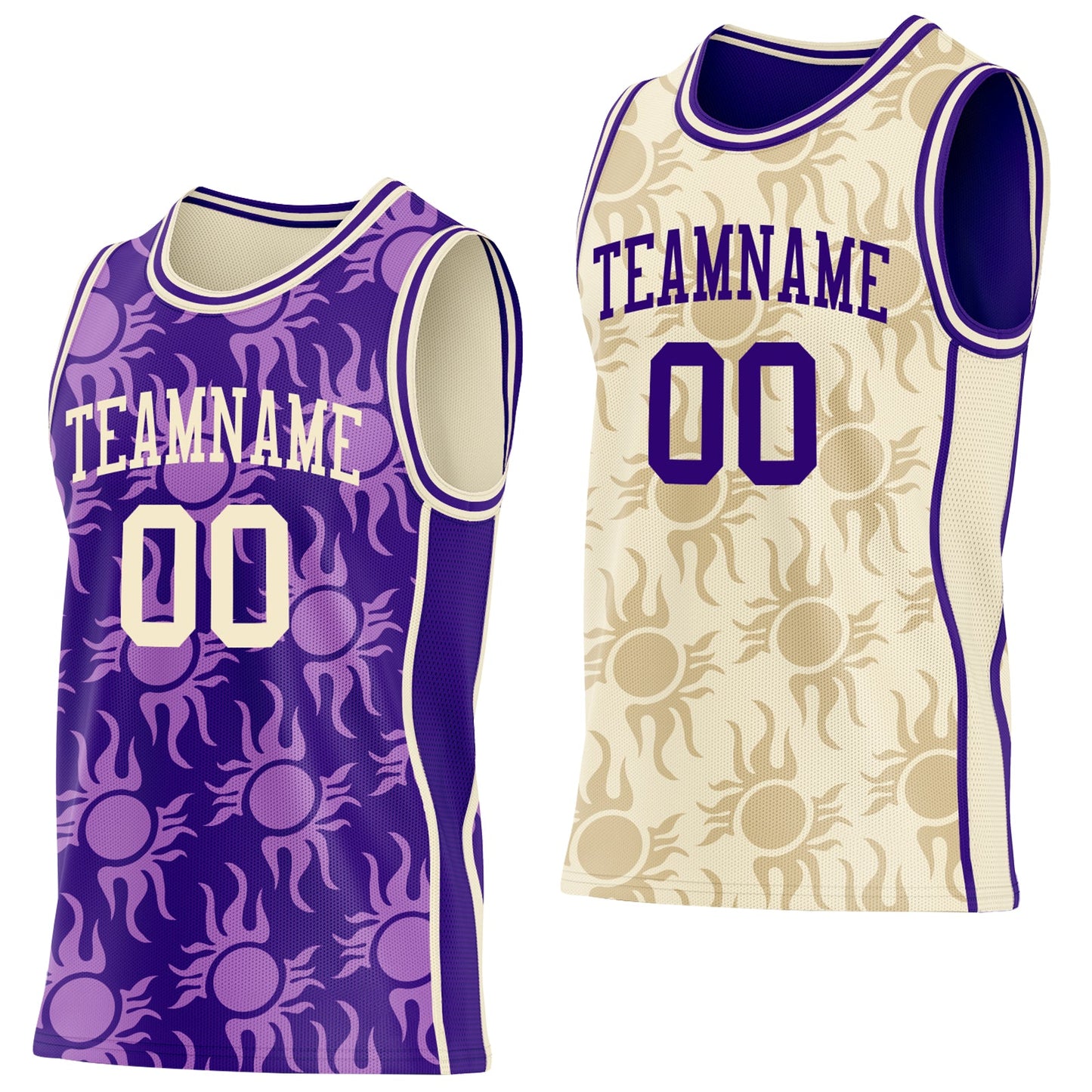 Custom Purple-Cream Side Panel Stripe Sun Flame Reversible Double Side Sublimation Basketball Set Jersey - Main View