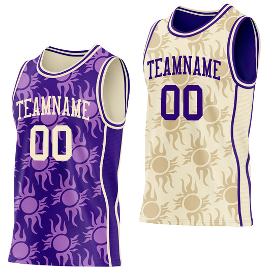Custom Purple-Cream Side Panel Stripe Sun Flame Reversible Double Side Sublimation Basketball Set Jersey - Main View