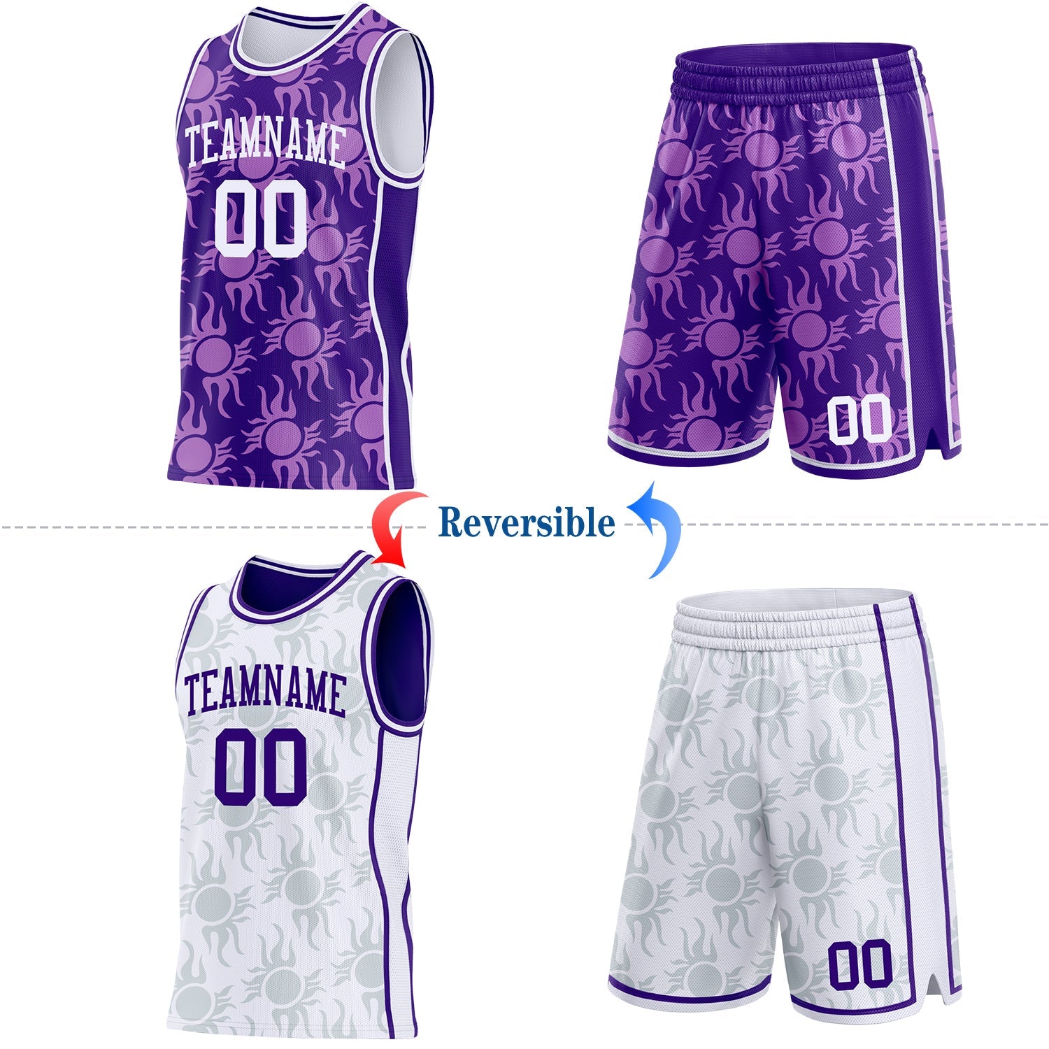 Custom Purple-White Side Panel Stripe Sun Flame Reversible Double Side Sublimation Basketball Set Jersey view 2
