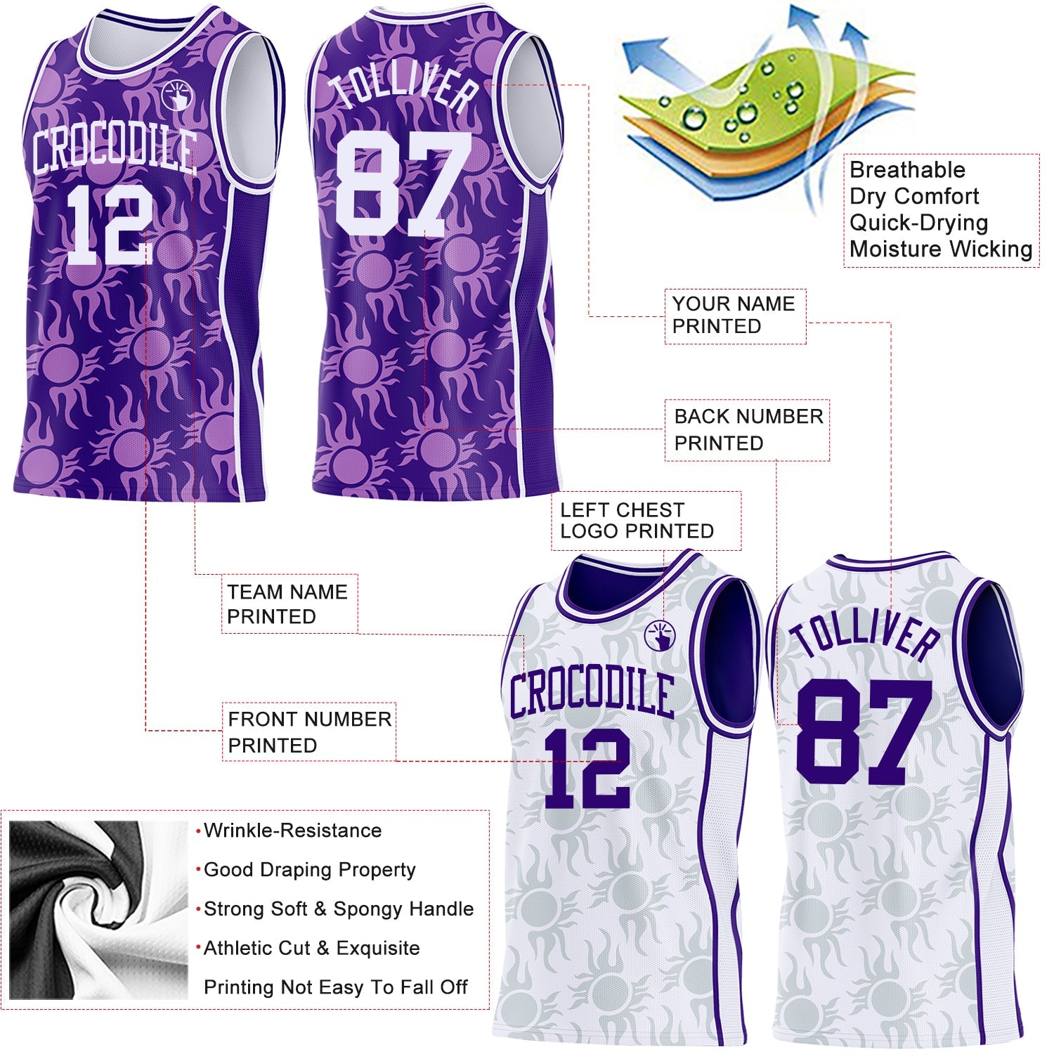 Custom Purple-White Side Panel Stripe Sun Flame Reversible Double Side Sublimation Basketball Set Jersey view 3