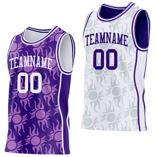 Custom Purple-White Side Panel Stripe Sun Flame Reversible Double Side Sublimation Basketball Set Jersey - Main View