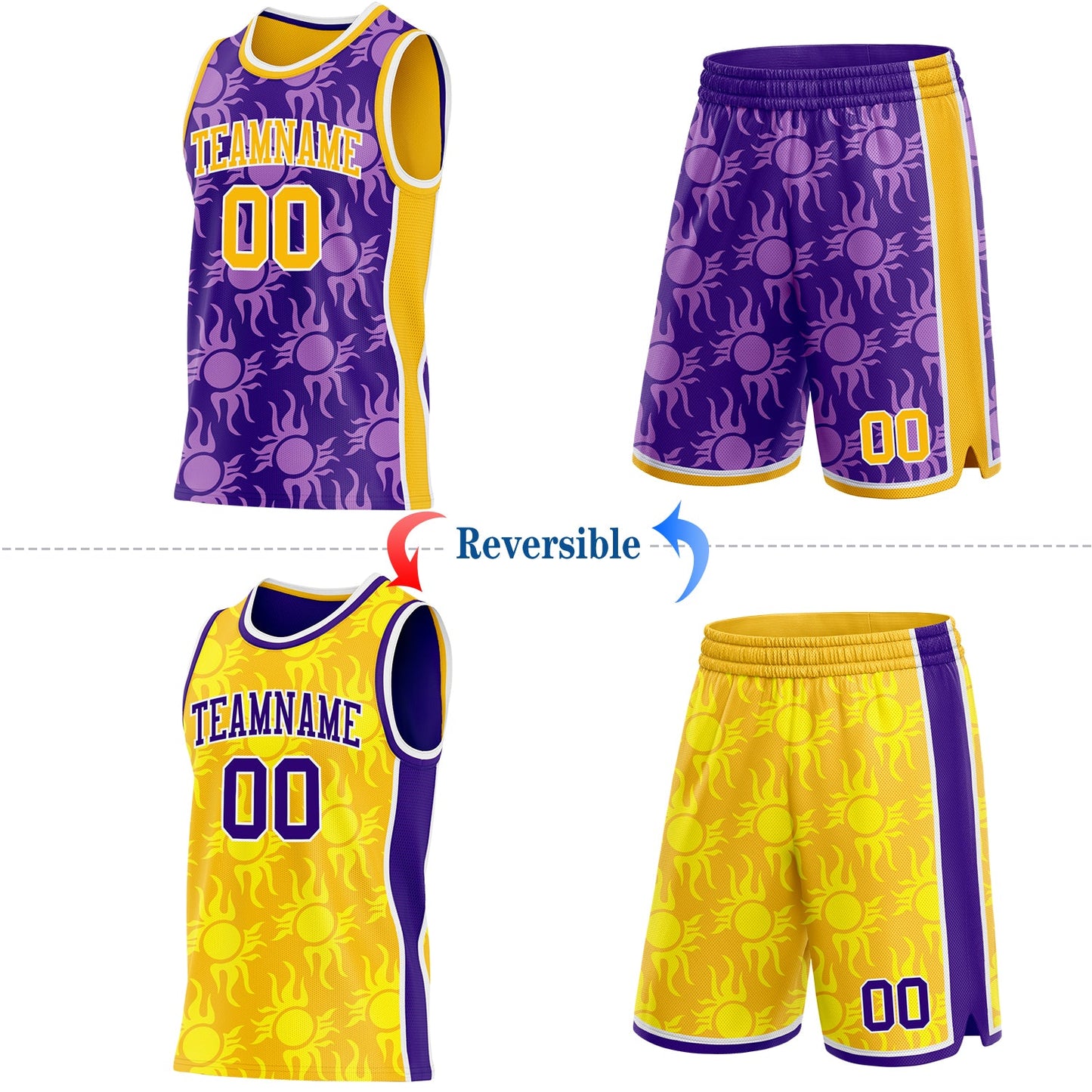 Custom Purple Gold-White Side Panel Stripe Sun Flame Reversible Double Side Sublimation Basketball Set Jersey view 2
