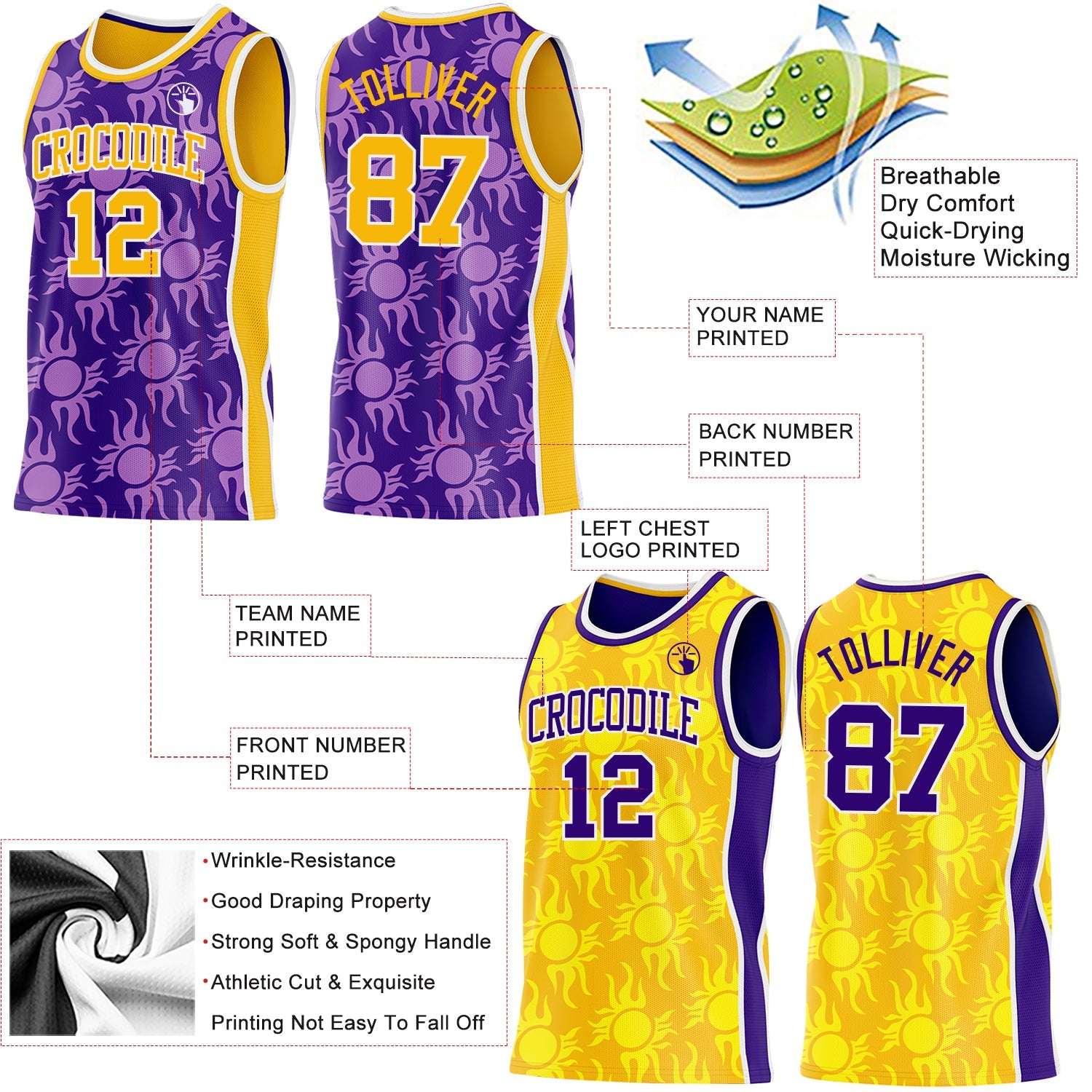 Custom Purple Gold-White Side Panel Stripe Sun Flame Reversible Double Side Sublimation Basketball Set Jersey view 3