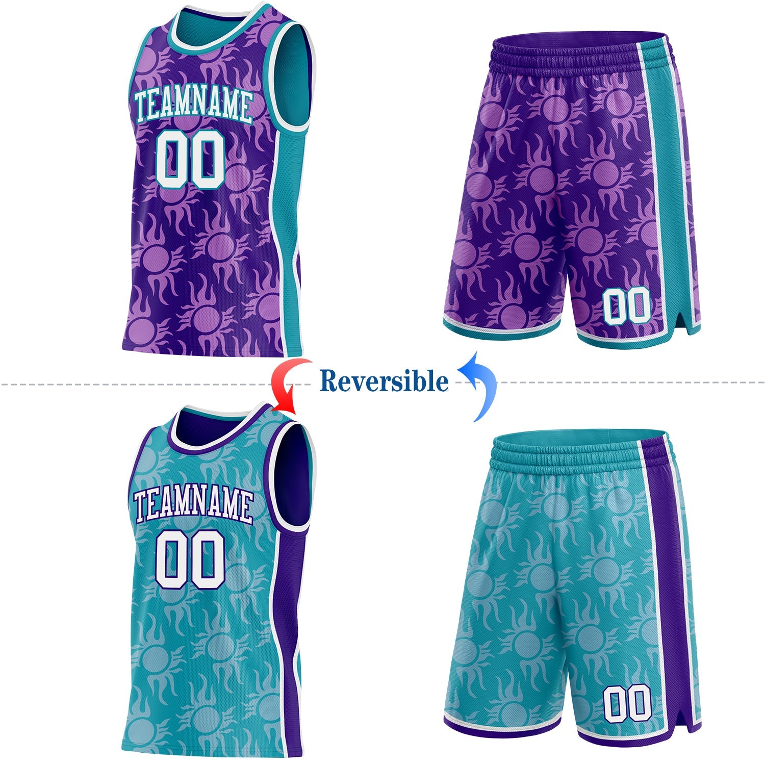 Custom Purple White-Teal Side Panel Stripe Sun Flame Reversible Double Side Sublimation Basketball Set Jersey view 2