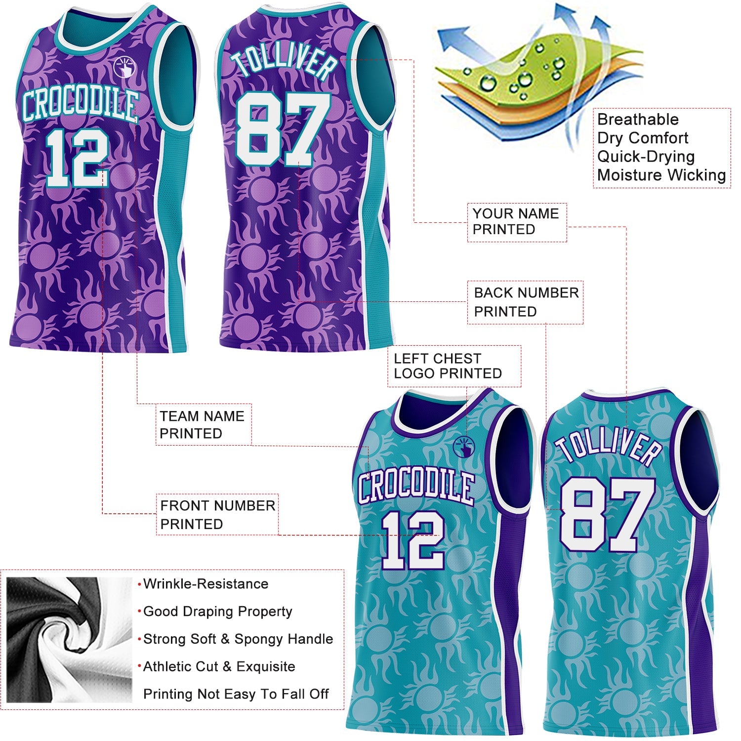 Custom Purple White-Teal Side Panel Stripe Sun Flame Reversible Double Side Sublimation Basketball Set Jersey view 3