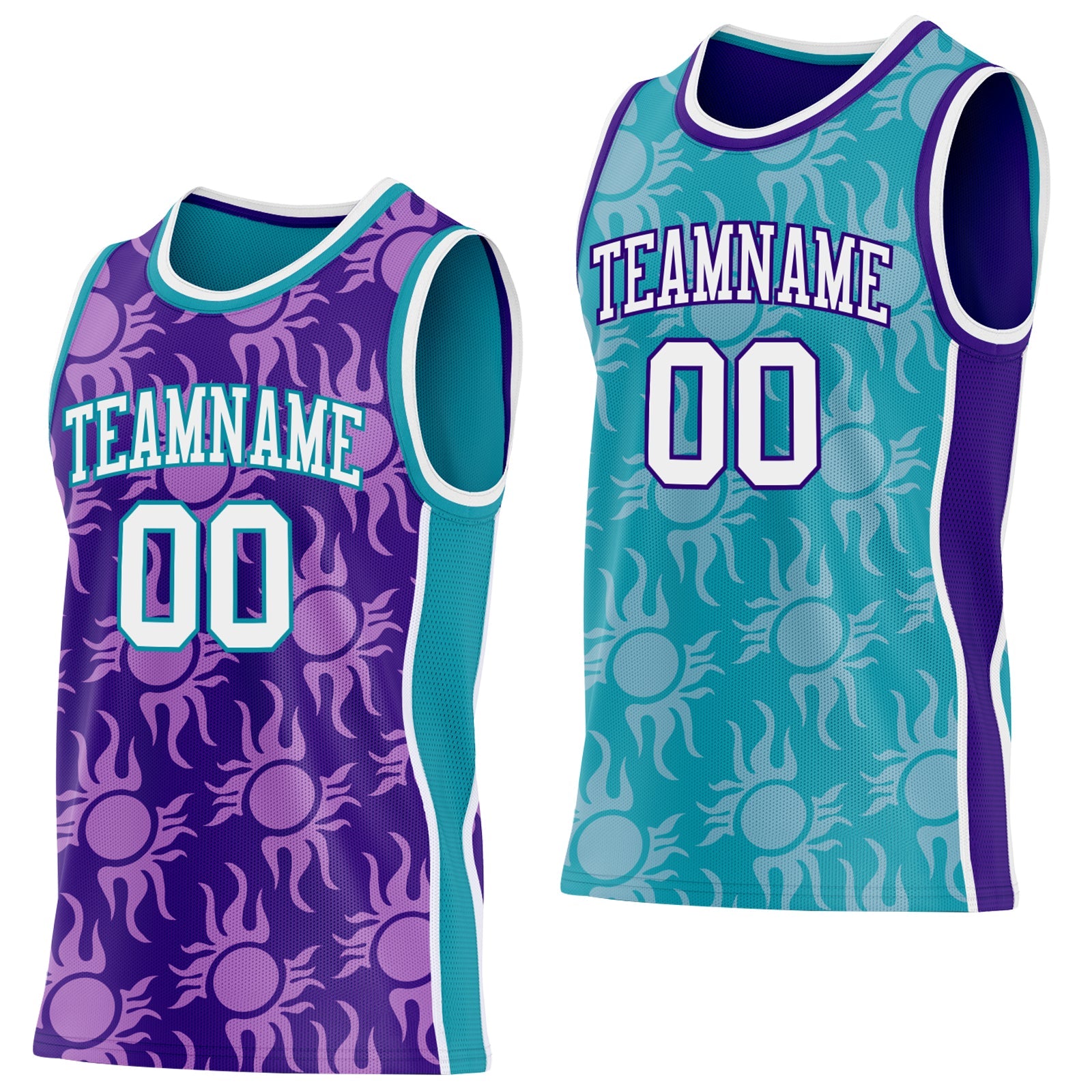 Custom Purple White-Teal Side Panel Stripe Sun Flame Reversible Double Side Sublimation Basketball Set Jersey - Main View