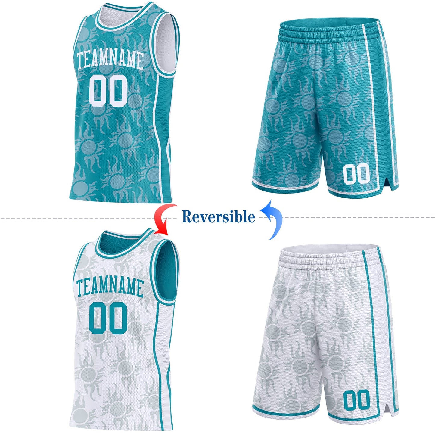 Custom Teal-White Side Panel Stripe Sun Flame Reversible Double Side Sublimation Basketball Set Jersey view 2