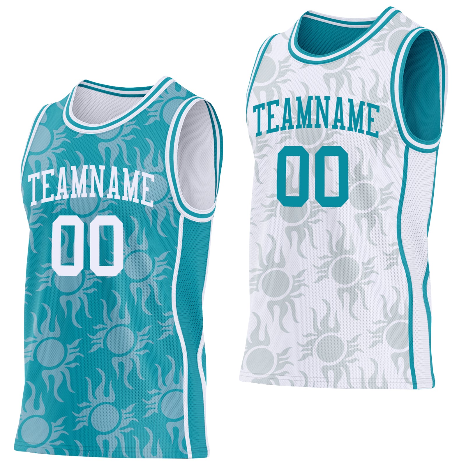 Custom Teal-White Side Panel Stripe Sun Flame Reversible Double Side Sublimation Basketball Set Jersey - Main View