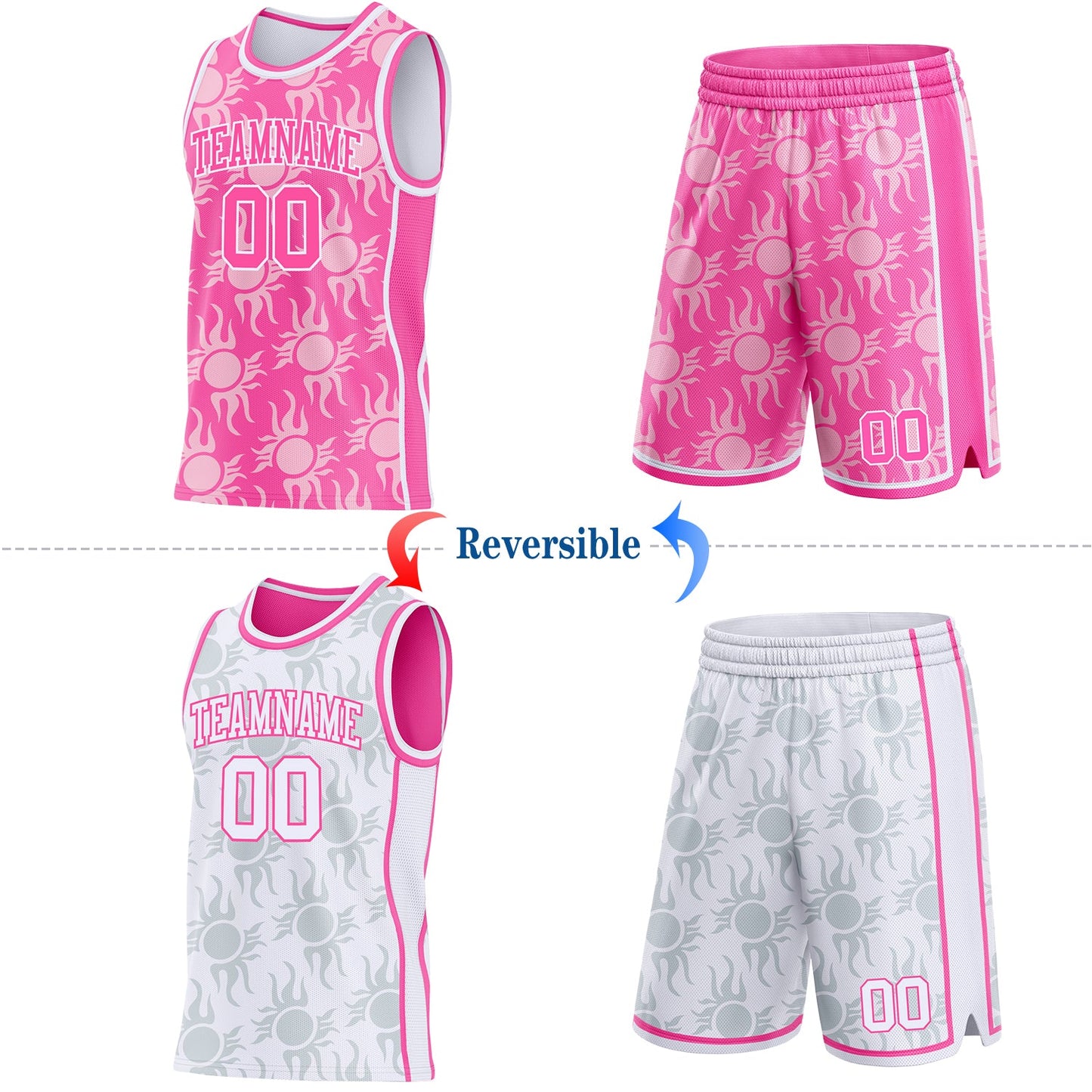 Custom Pink-White Side Panel Stripe Sun Flame Reversible Double Side Sublimation Basketball Set Jersey view 2