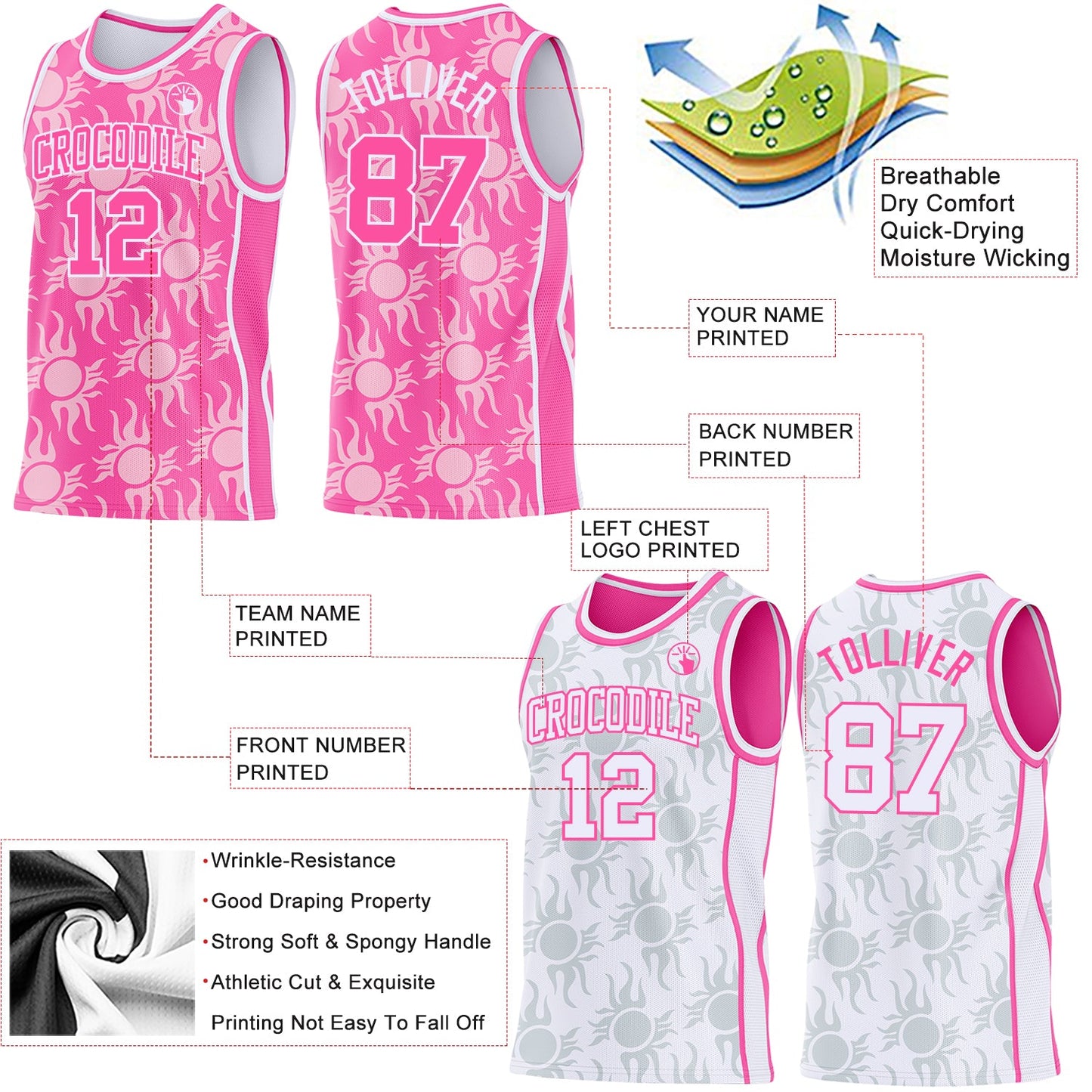 Custom Pink-White Side Panel Stripe Sun Flame Reversible Double Side Sublimation Basketball Set Jersey view 3