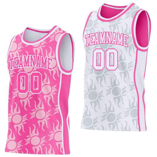 Custom Pink-White Side Panel Stripe Sun Flame Reversible Double Side Sublimation Basketball Set Jersey - Main View