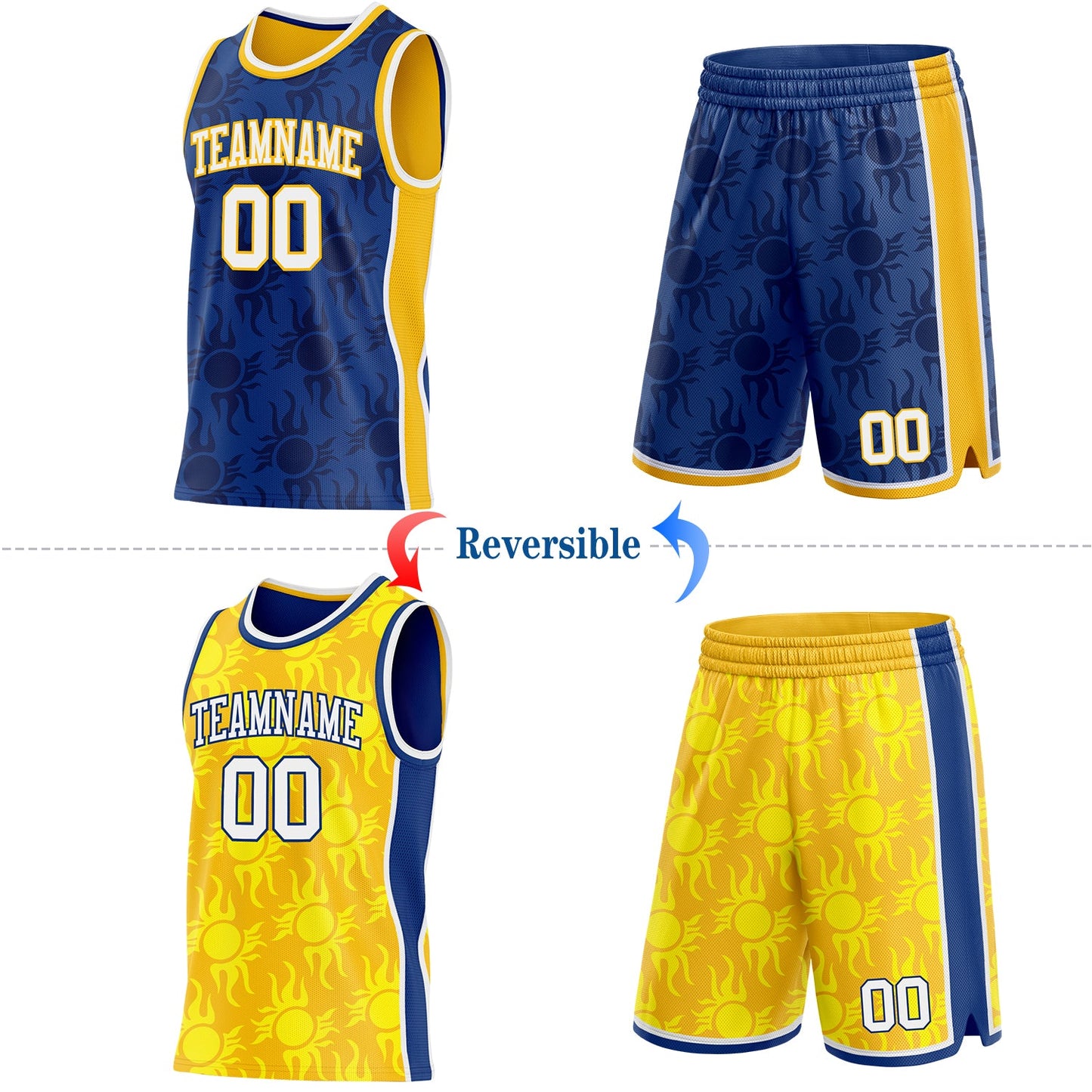 Custom Royal White-Gold Side Panel Stripe Sun Flame Reversible Double Side Sublimation Basketball Set Jersey view 2
