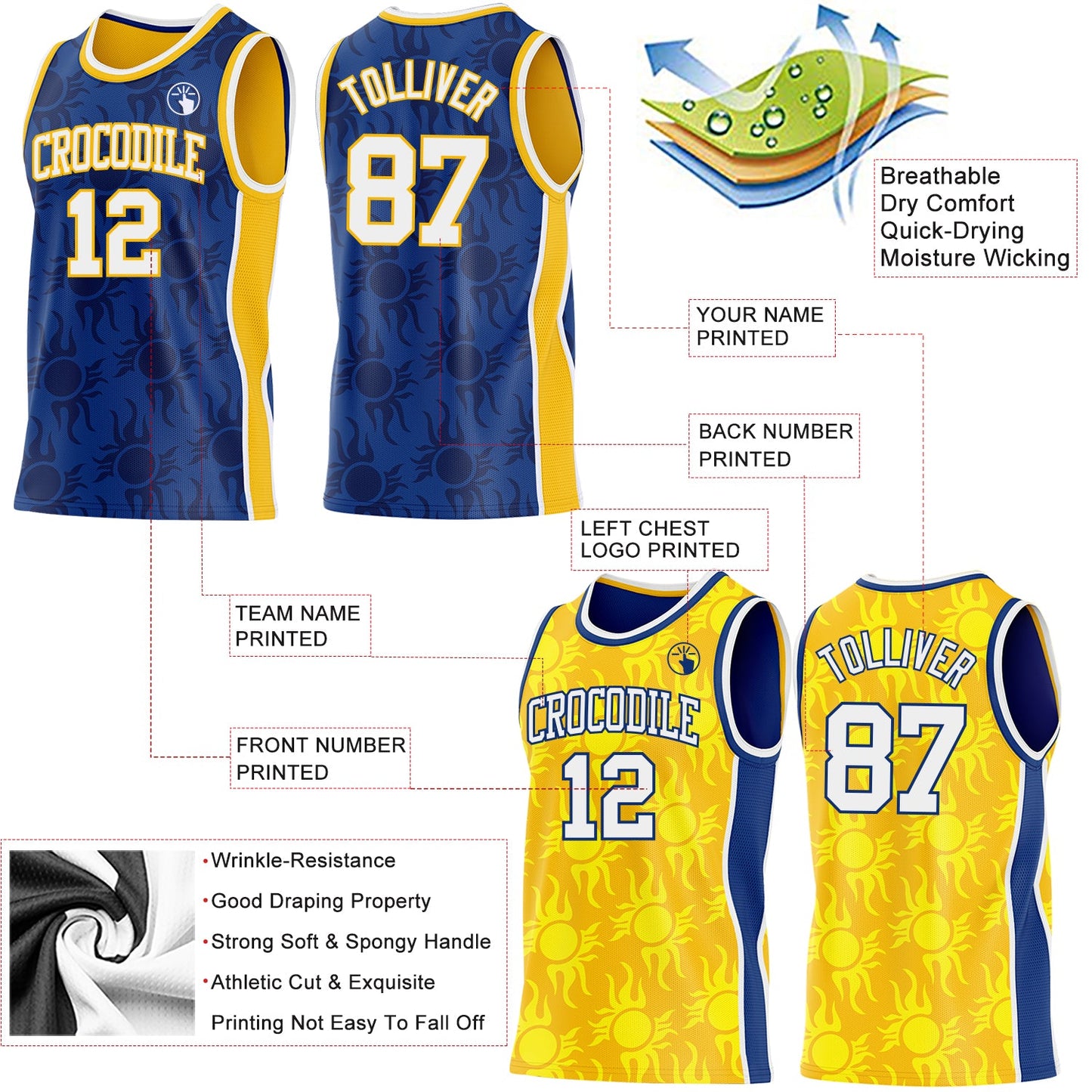 Custom Royal White-Gold Side Panel Stripe Sun Flame Reversible Double Side Sublimation Basketball Set Jersey view 3
