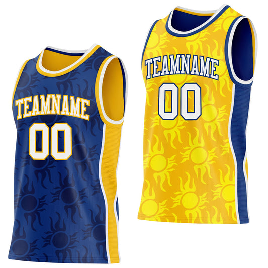 Custom Royal White-Gold Side Panel Stripe Sun Flame Reversible Double Side Sublimation Basketball Set Jersey - Main View