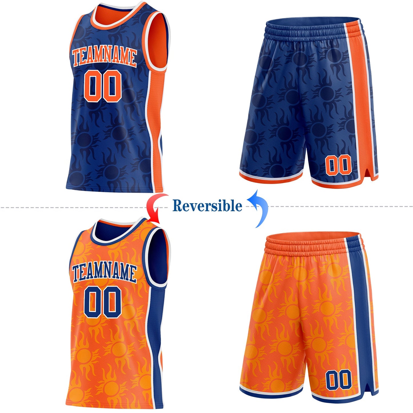 Custom Royal Orange-White Side Panel Stripe Sun Flame Reversible Double Side Sublimation Basketball Set Jersey view 2