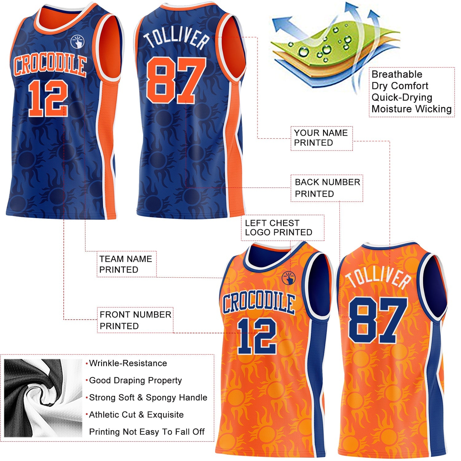 Custom Royal Orange-White Side Panel Stripe Sun Flame Reversible Double Side Sublimation Basketball Set Jersey view 3