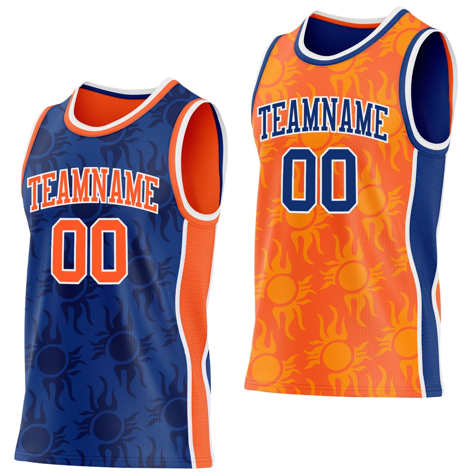 Custom Royal Orange-White Side Panel Stripe Sun Flame Reversible Double Side Sublimation Basketball Set Jersey - Main View