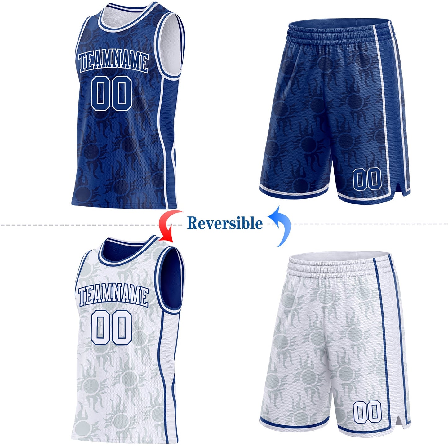 Custom Royal-White Side Panel Stripe Sun Flame Reversible Double Side Sublimation Basketball Set Jersey view 2