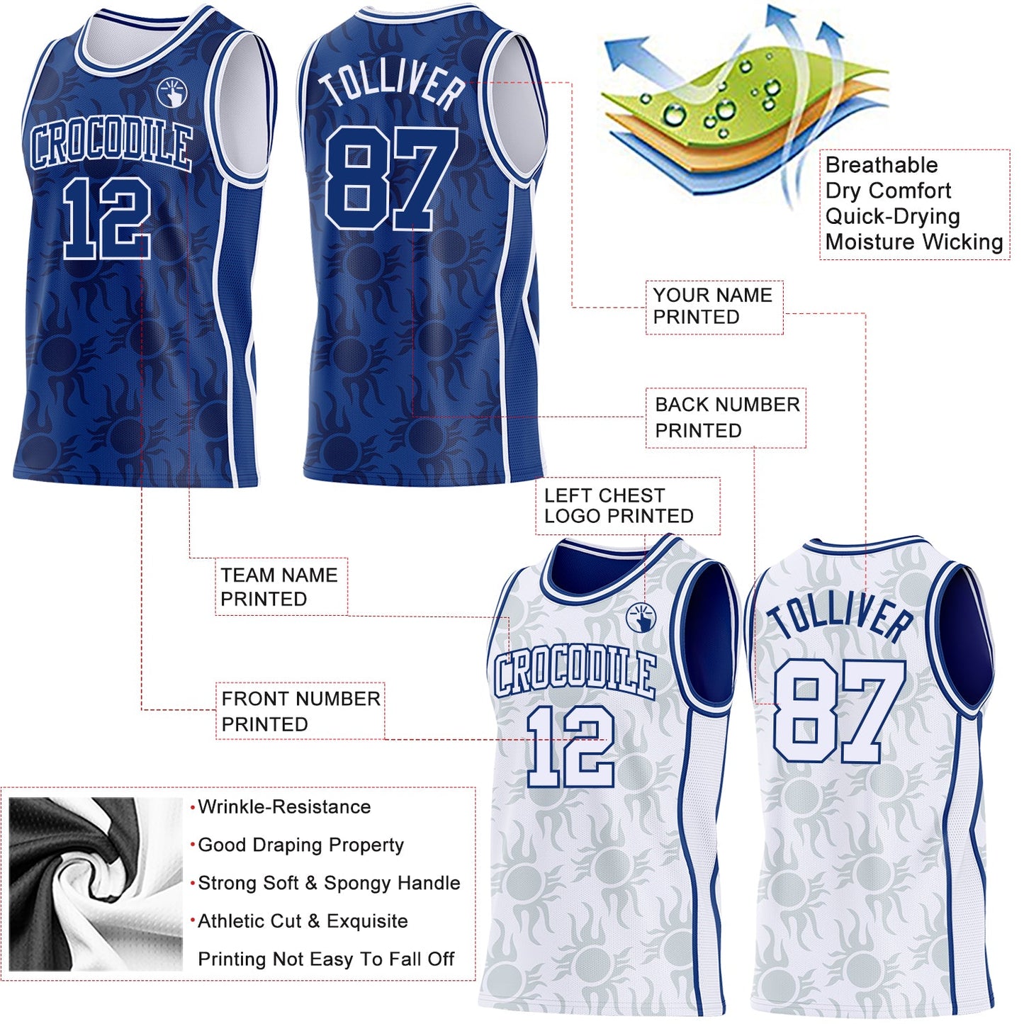 Custom Royal-White Side Panel Stripe Sun Flame Reversible Double Side Sublimation Basketball Set Jersey view 3
