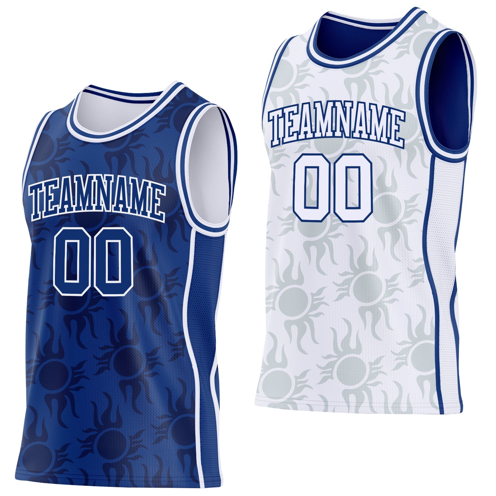 Custom Royal-White Side Panel Stripe Sun Flame Reversible Double Side Sublimation Basketball Set Jersey - Main View