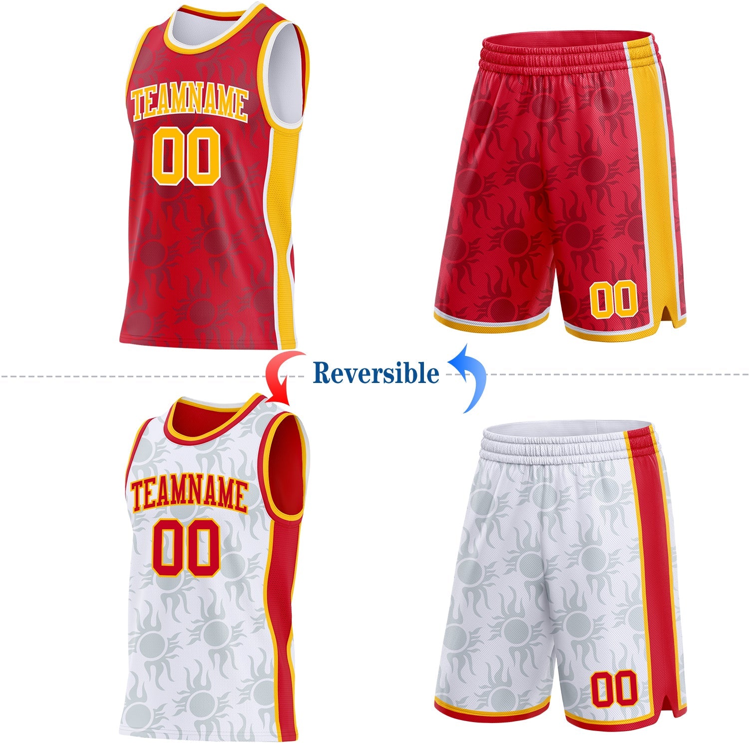 Custom Red Gold-White Side Panel Stripe Sun Flame Reversible Double Side Sublimation Basketball Set Jersey view 2